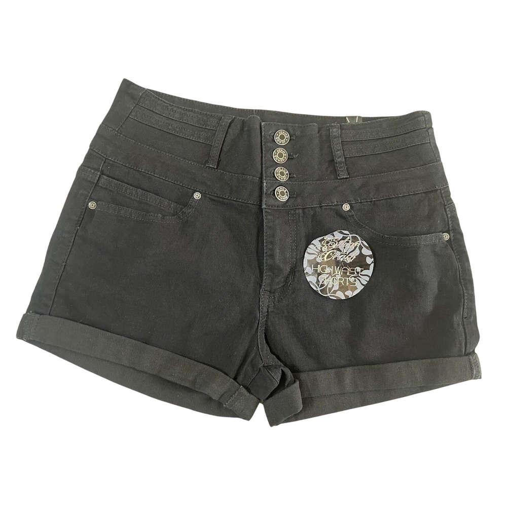 Silver Crush High Waist Shorts Womens 11/12 Black Excellence Button Fly Cuffed
